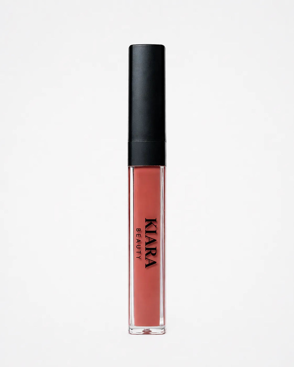 Lip gloss with black cap and visible brand name on a white background