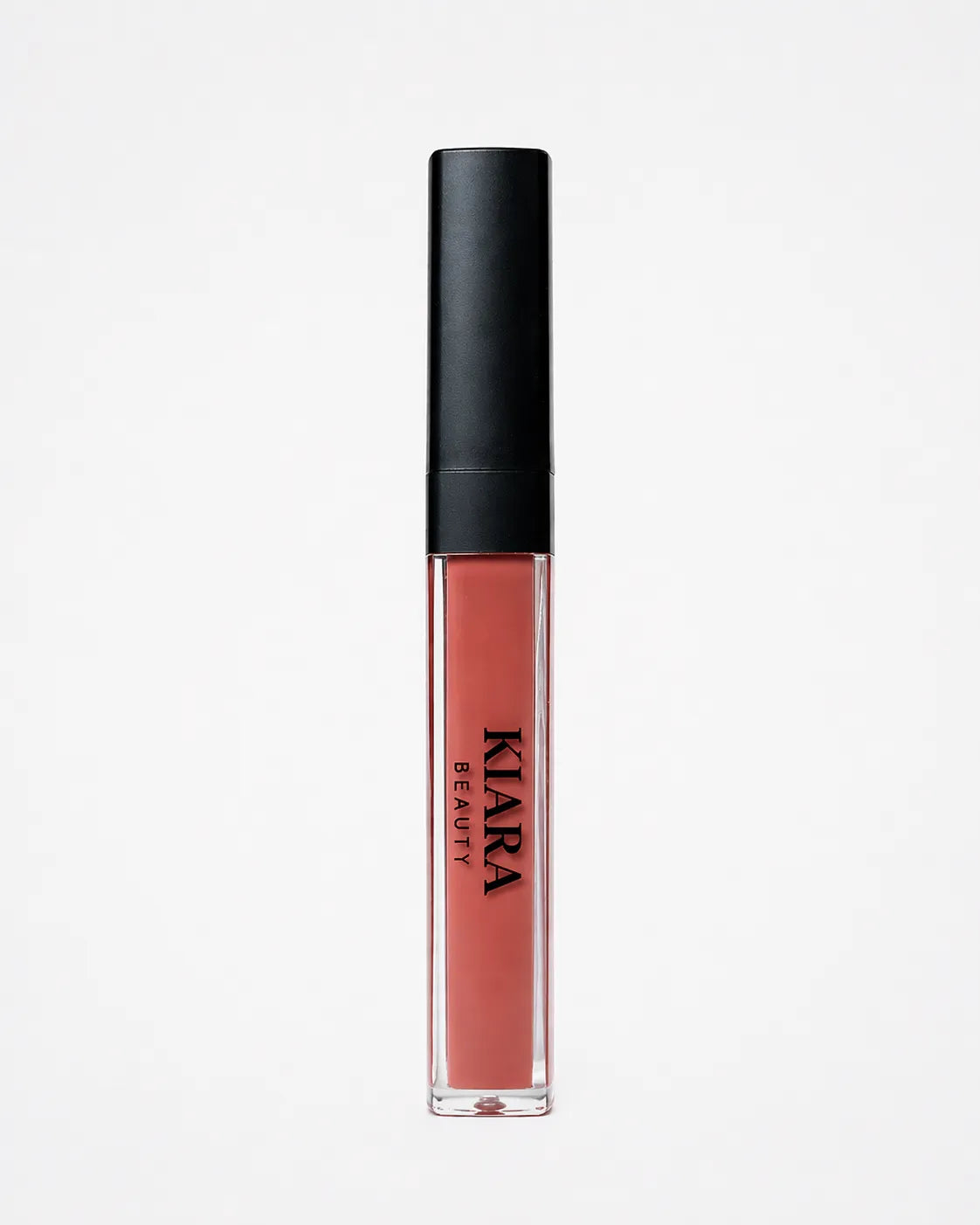 Lip gloss with black cap and visible brand name on a white background
