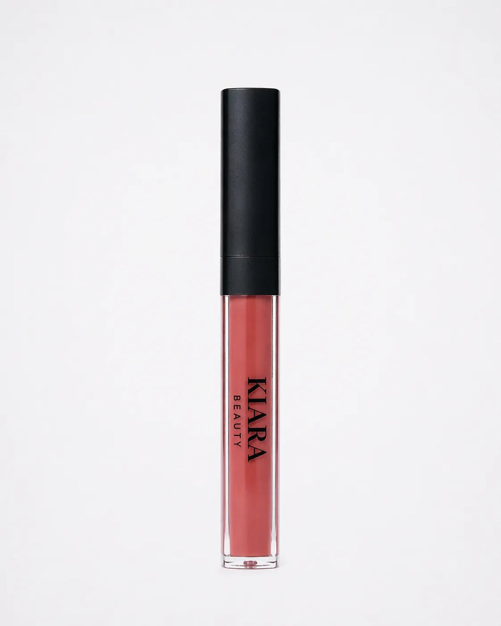 Lip gloss with black cap and visible brand name on a white background