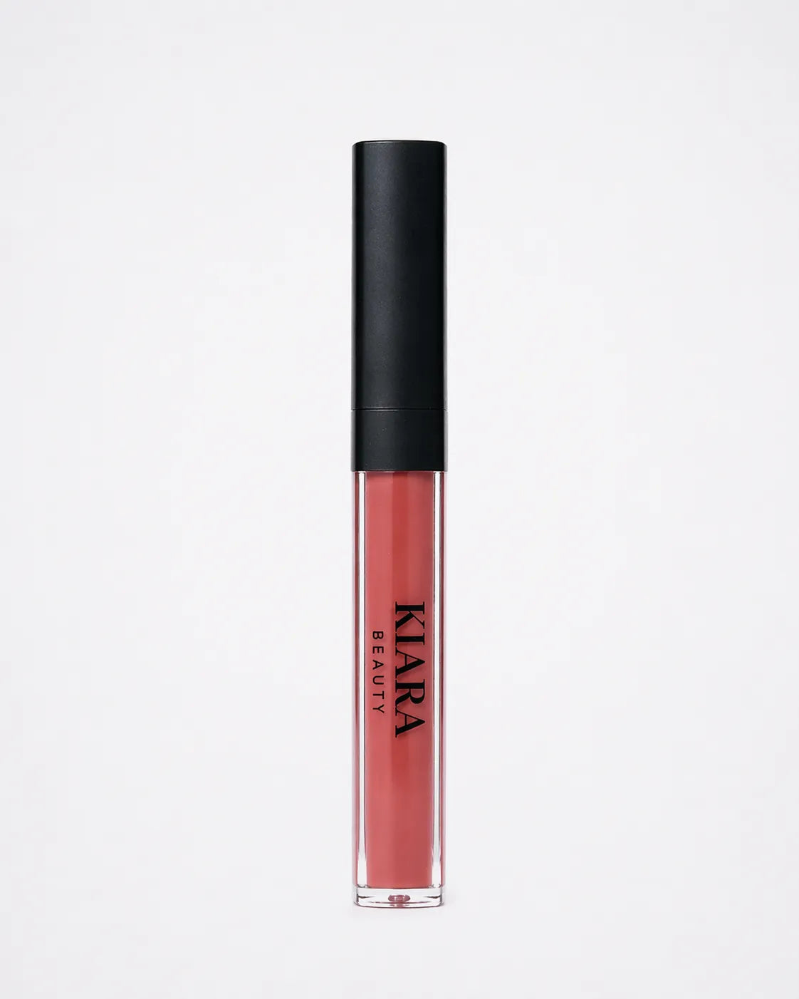 Lip gloss with black cap and visible brand name on a white background