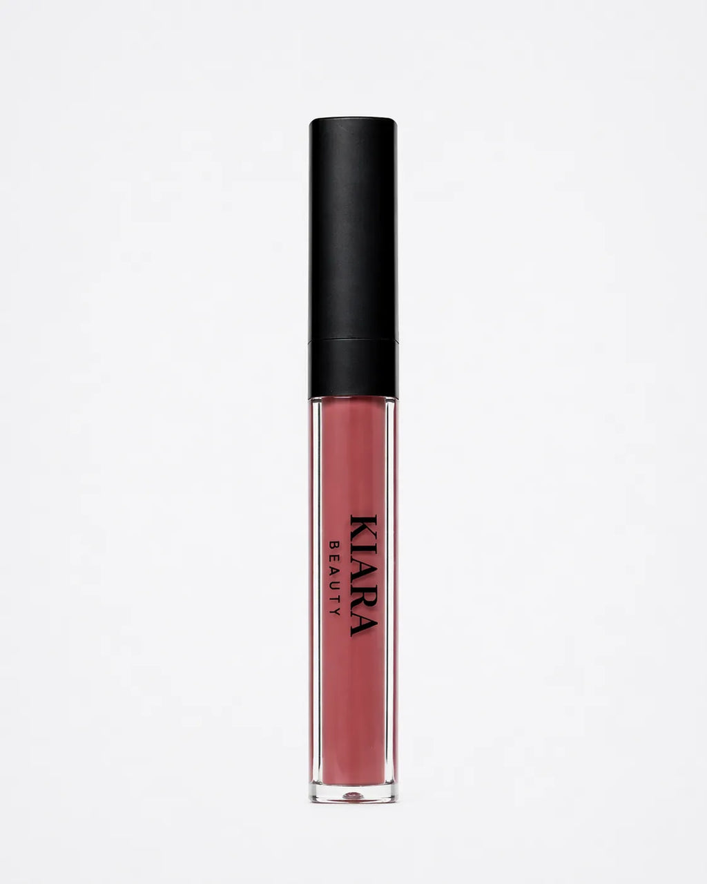 Lip gloss with black cap and visible brand name on a white background