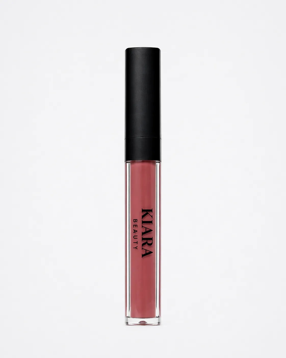 Lip gloss with black cap and visible brand name on a white background